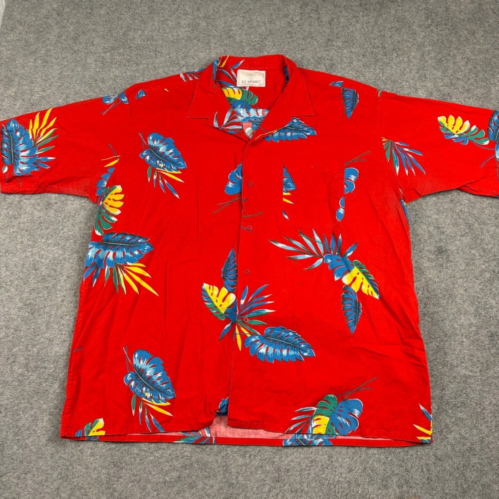 Vintage 90s‎ CC Sport Hawaiian Shirt Mens 2X Red Tropical Leaf Print Button Up